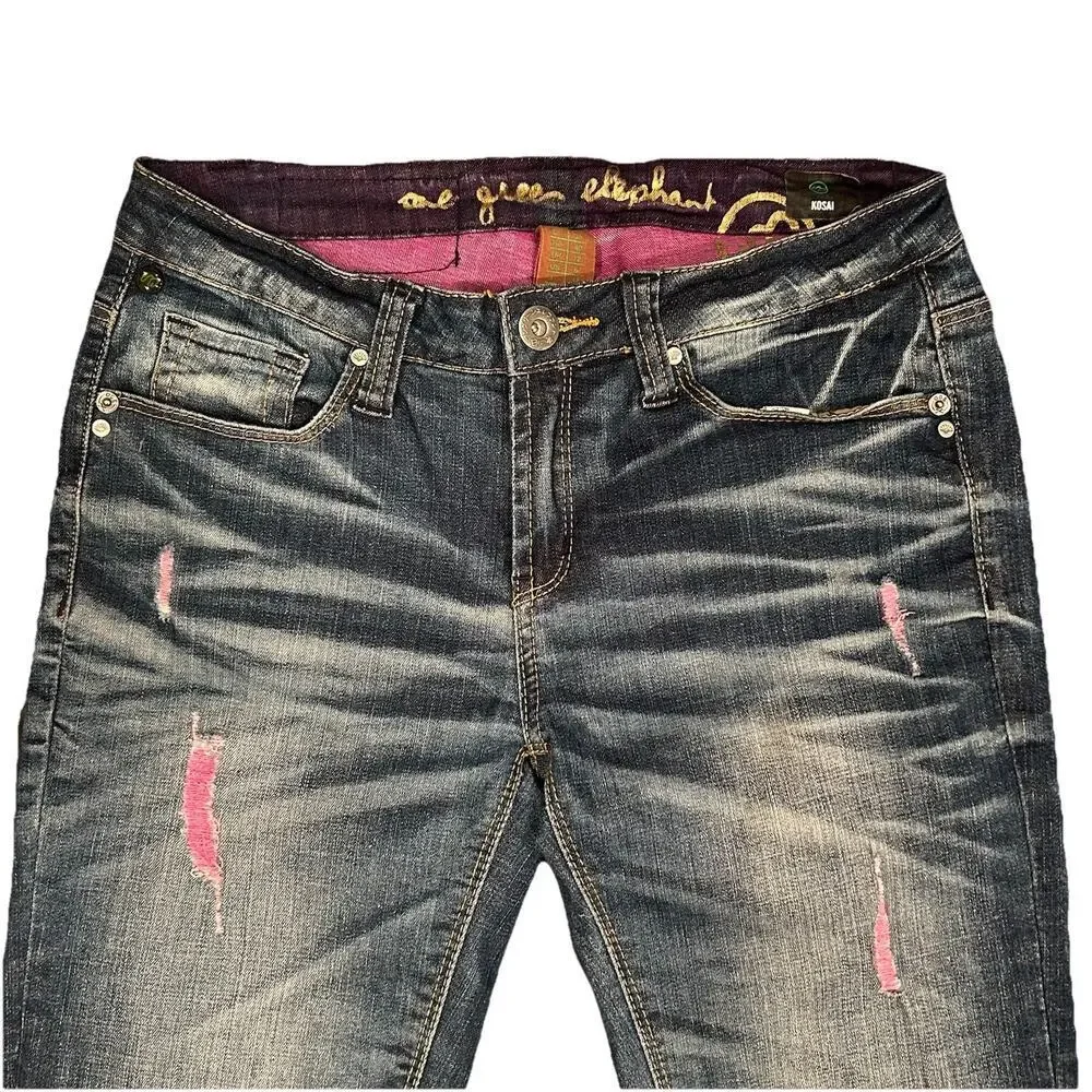 One Green Elephant Kosai Slim Jeans Women's Medium 30x32 Distressed Whiskering